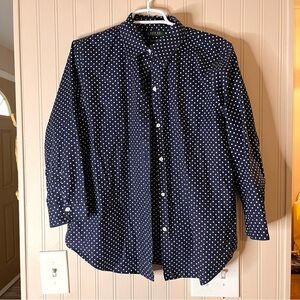 Lauren Ralph Lauren Women's XL Button Up Top Polka Dot Navy Blue Non Iron LRL